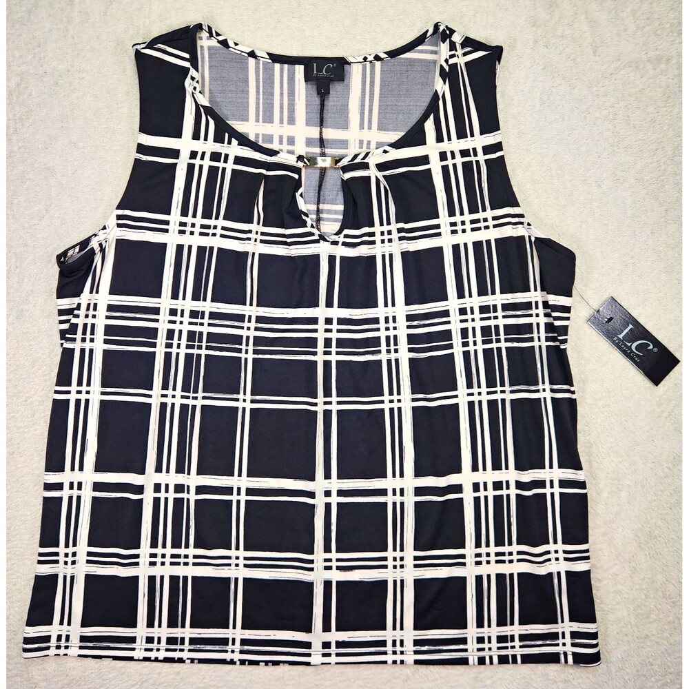 Laura Cruz Women's L Tank Top Black White Plaid Knit Round Neck Stretch Office